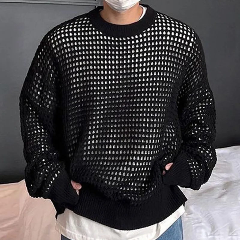 Men's Sweaters Fall Trend Mens Mesh Knitting Tops Streetwear Fashion Transparent Hollow Out Sweater Men Casual Loose Long Sleeve O Neck Jumper 230816