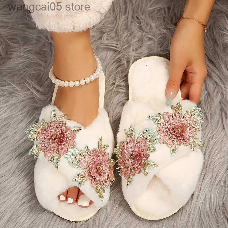 Slippers Crystal Flower Flat Talons fourrure Pantoufles femmes 2023 automne d'hiver maison douce Chaussures duveteuses Femme Chauffle en peluche