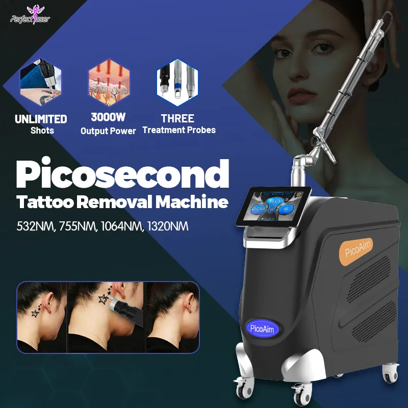 Professionell tatto borttagning Lasermaskin picosekund pico laserpigmentering Acne ärrbehandlingsutrustning 532nm 755nm 1320nm 1064nm