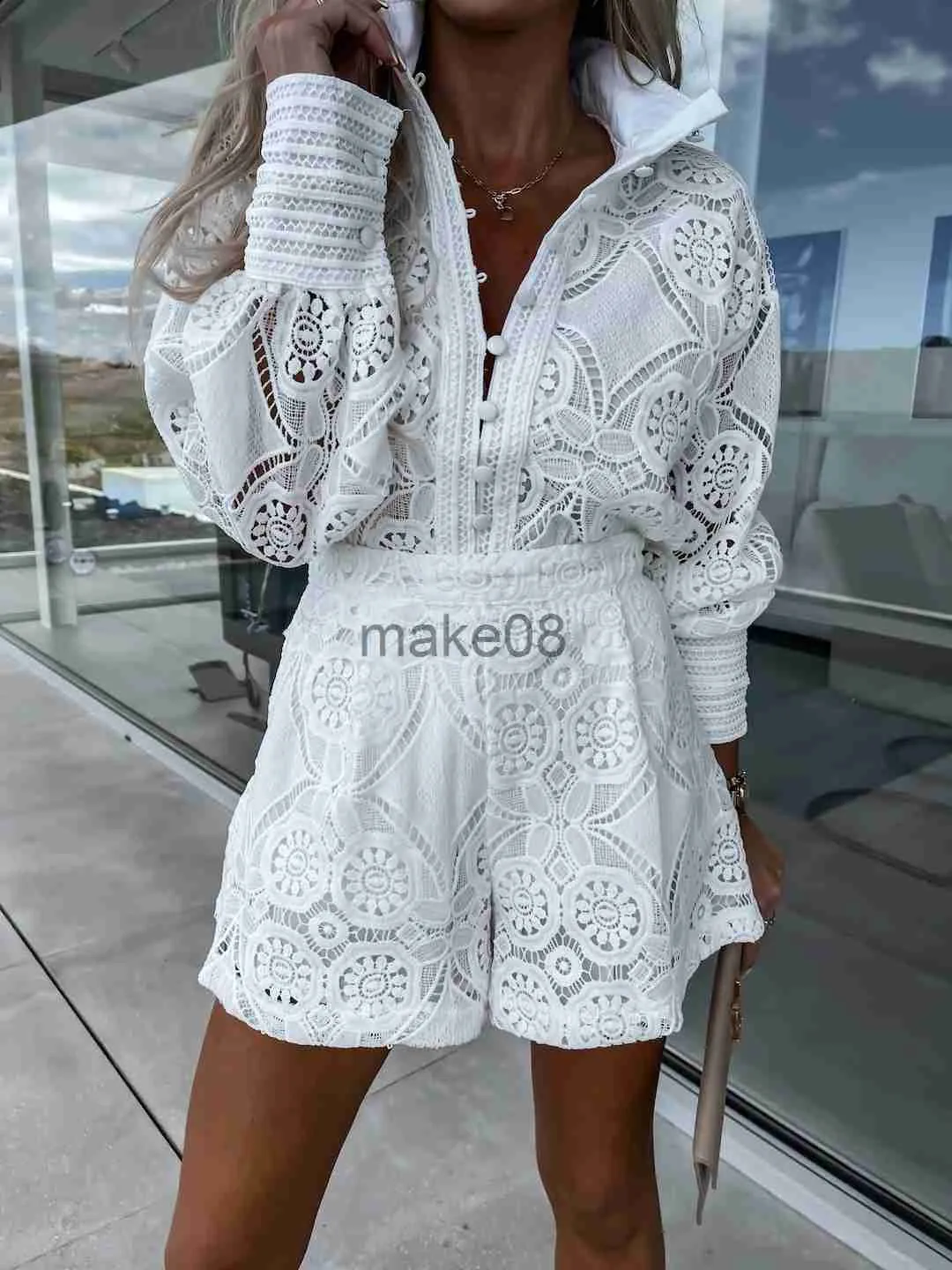 Two Piece Lace Shorts Set Chic White Spring Outfit for Women Casual Party Wear