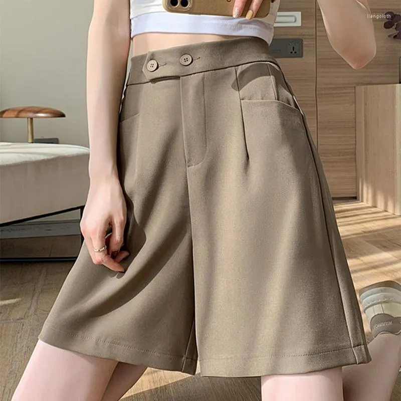 Pantalones cortos de mujeres de estilo coreano para mujeres a la moda de dos buttones de doble cintura hasta la rodilla hasta la rodilla Mujer 2023 pierna ancha de verano