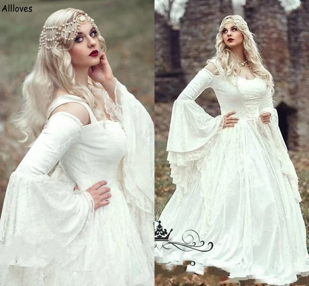 Abiti da sposa gotici rinascimentali in pizzo con mantello Abiti da sposa con mantello Plus Size Campana vintage Manica lunga Abiti da sposa principessa medievale celtica Abiti da sposa AL9090 s