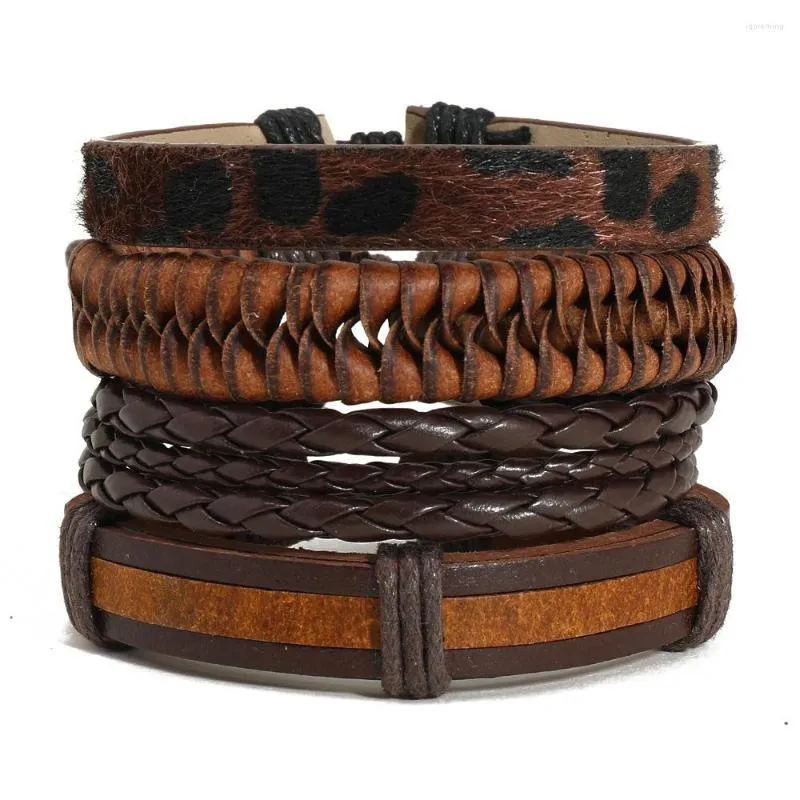 Bangle Fashion Retro Armband 4 PC/Set Handmade Weave äkta läder Mens Bangles Diy Brown Mix Match Wristband Jewelery Gift