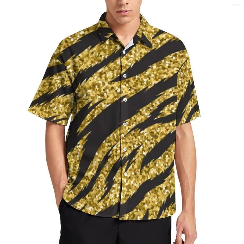 Men's Casual Shirts Tiger Skin Pattern Loose Shirt Men Beach Golden Stripes Print Hawaiian Short Sleeve Street Style Oversized Blouses