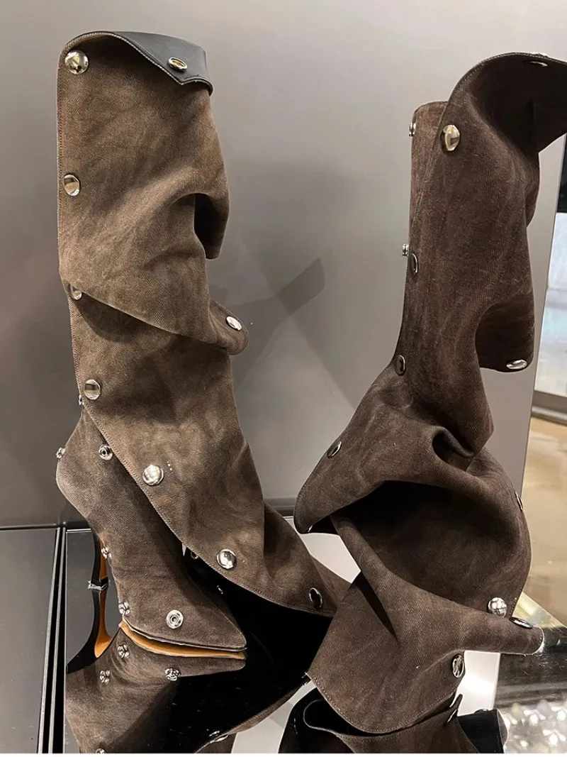 Metal Button Spliced Denim Boots High Heel Boots 2023 High Barrel Boots Luxury Designer Model Fashion Boots