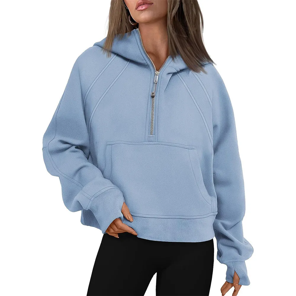 Damen-Kapuzenpullover, Sweatshirts, Kapuzenpullover, halber Reißverschluss, kurze Ärmel, Fleece, Viertelpullover, Herbst-Outfits, Kleidung