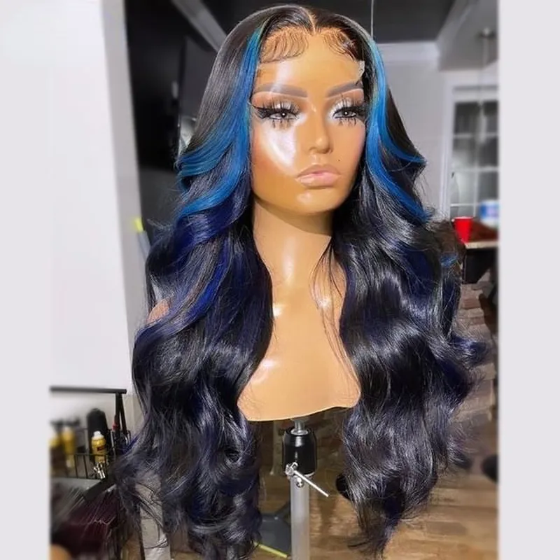 Brésilien Body Body Wave Highlight Blue Couleur 13x4 Lace Lace Front Perruque Black / Red / Gris Corée HD Fermeure en dentelle transparente Perruque pour femme