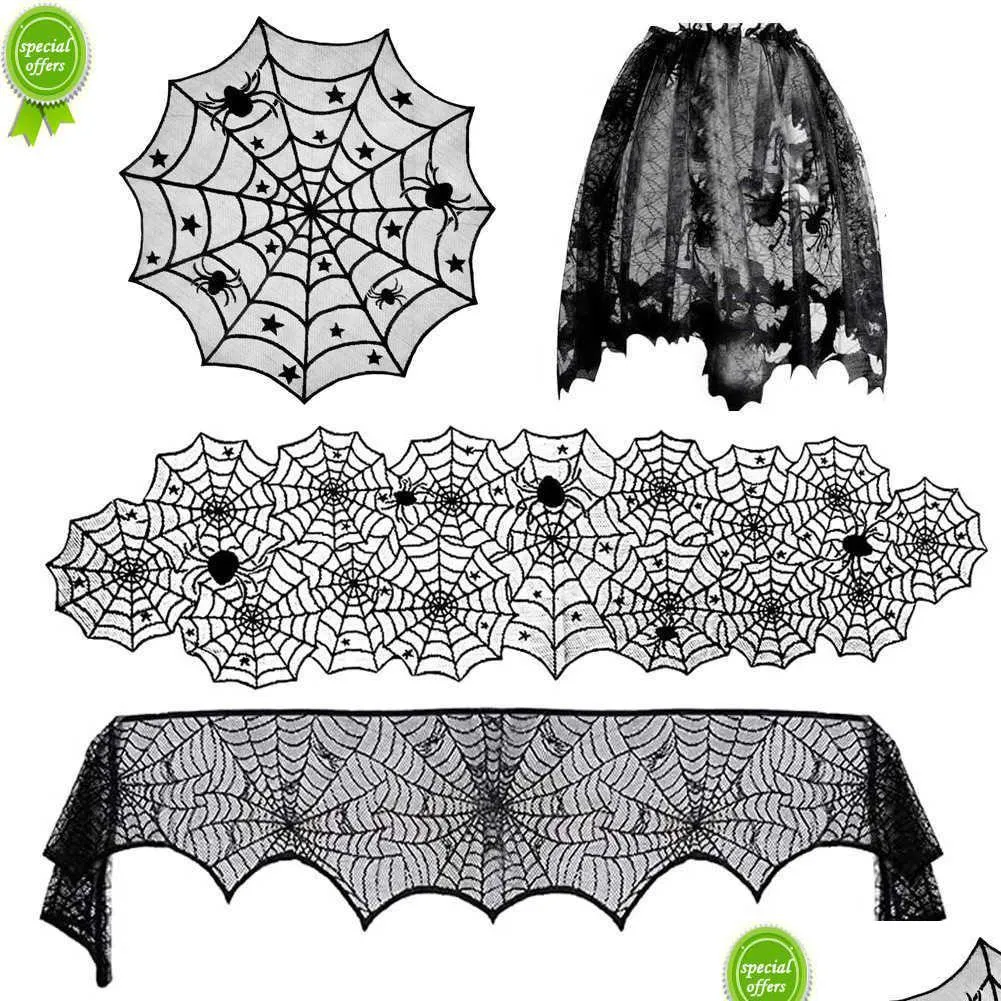 Andra evenemangsfest levererar halloween bat bordslöpare svart spindel web spets bordduk öppen spis gardiner hem dekor skräck rekvisita dh0qu