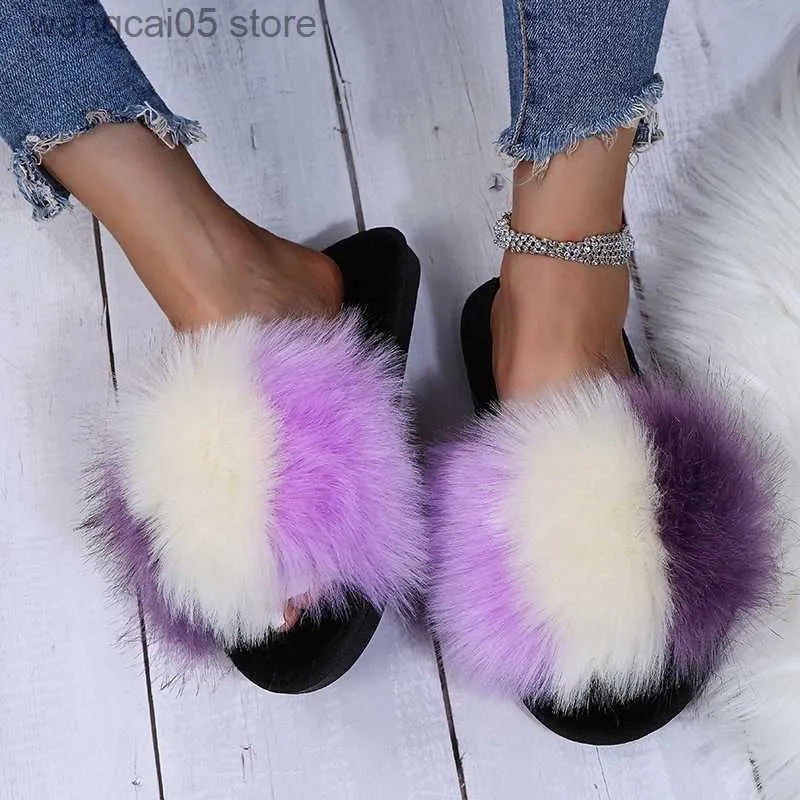 Slippers New Arrival Girl Luxury Fluffy Fur Slippers Ladies Indoor Warm Furry Fur Flip Flops Women Amazing Plush Fur Slides Dropshipping T230817