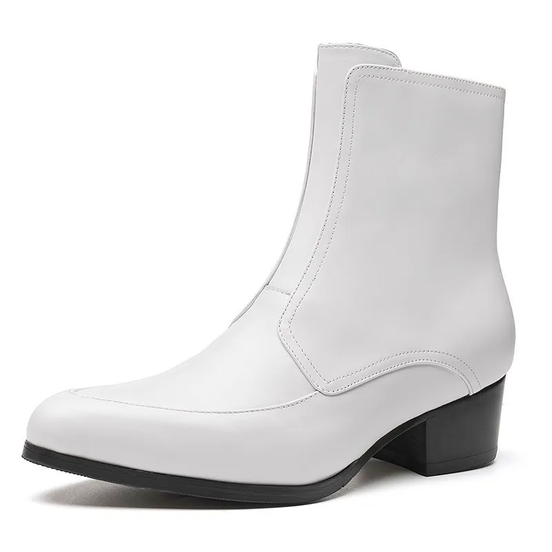 Veiligheidsschoenen Witte laarzen voor mannen Echte lederen Chelsea Enkle Botas 5 cm Hoge Heel 2023 Trendy bruiloft DRSS Pak Verhoog heren 230816