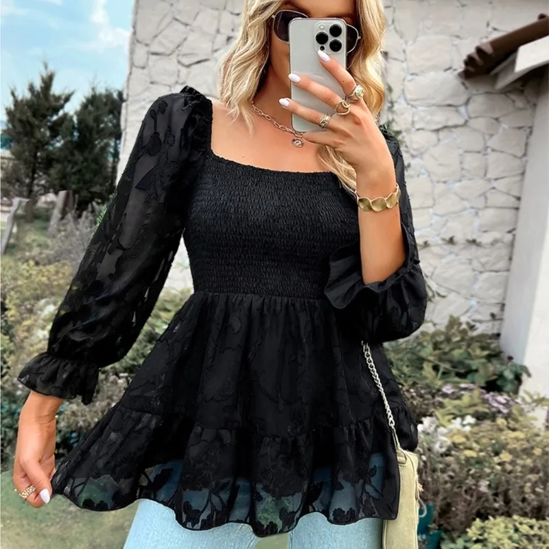 Women's Blouses Shirt s Smocked Top Ruffled Puff 3 4 Sleeves Square Neck Floral Textured Chiffon Pleated Swing Peplum H7EF 230816
