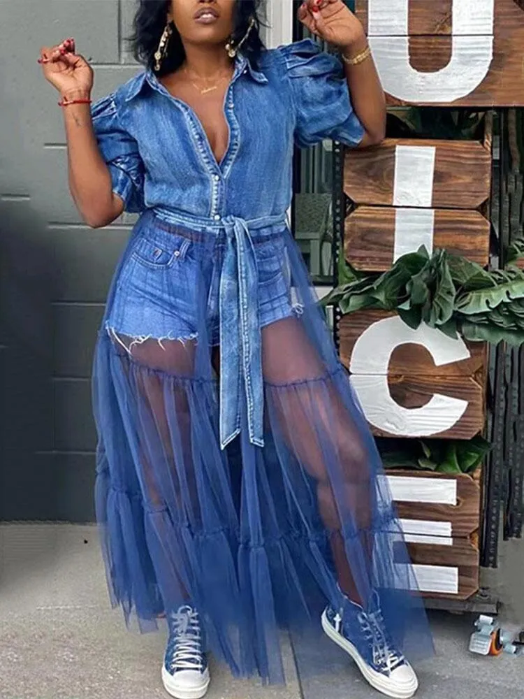 Plus size Dresses Size Women Clothing Elegant Shirt Long Denim Dress Mesh Patchwork Ladies Jeans Wholesale Bulk Drop 230816