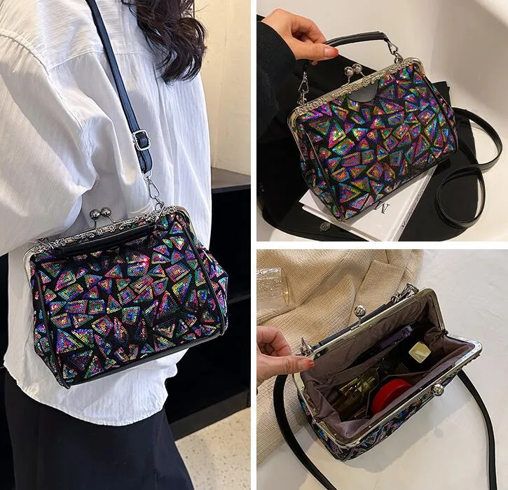 Sacos de ombro por atacado de fábrica 7 cores lantejoulas atmosféricas elegantes bolsa retrô grande moldura de metal esculpido Mulheres bolsa de embreagem 5363#