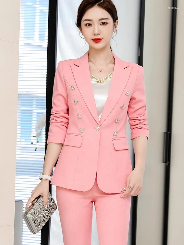 Womens Blazer Pant Suit Elegant Slim Business Office Ladies Set with  Trouser