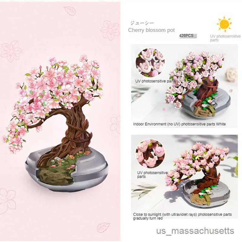 Blocs Discoloration Discoloration Cherry Blossom Plant succulent Potted Flower House Assembly Blocys Classic Model B SetS Kid R230817