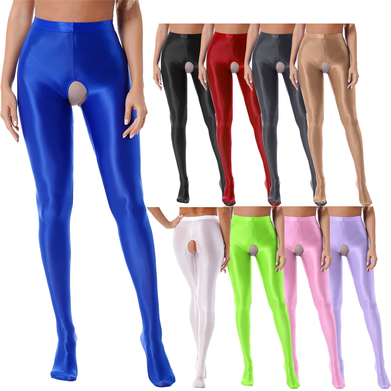 Womens Glossy Open Crotch Shorts Stretchy Smooth Leggings Slim Fit Short  Pants