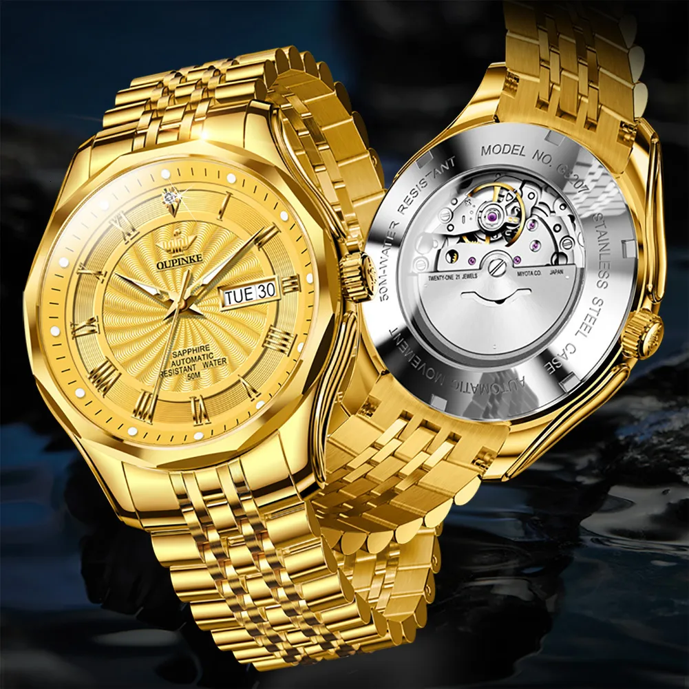 Otros relojes Oupinke Luxury for Men Diamond Automatic Mechanical Sapphire Mirror 50m impermeable a la marca original de la marca de moda de moda 230816