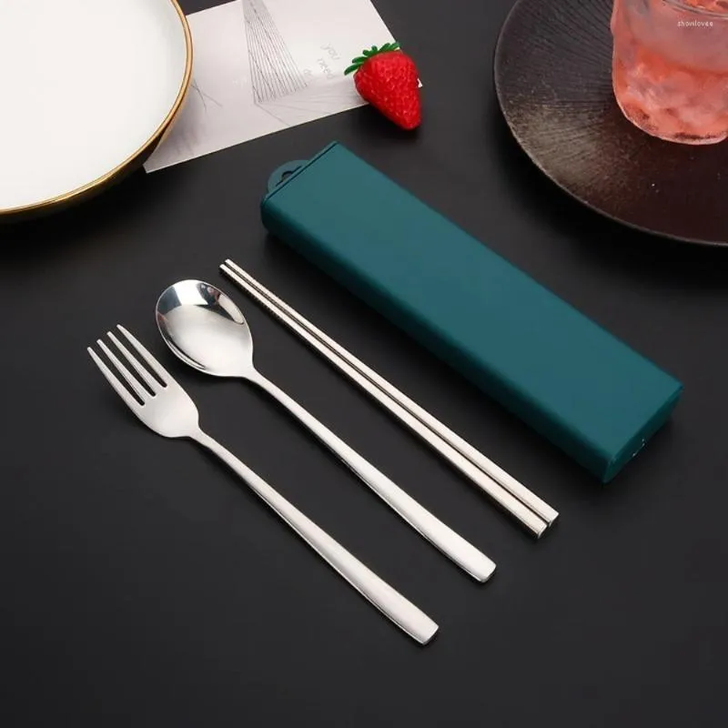 Dinnerware Sets Stainless Steel Travel Utensils Dark Green Include Fork Spoon Chopsticks Cutlery Flatware Set With Case