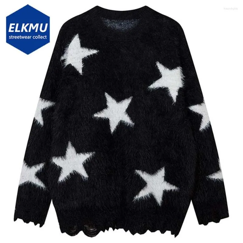 Męskie swetry gwiazdy sweter puszysty dzianiny jesień zimowi mężczyźni luźne jumper Harajuku streetwear hip hop ponadwymiarowy y2k pullover czarny