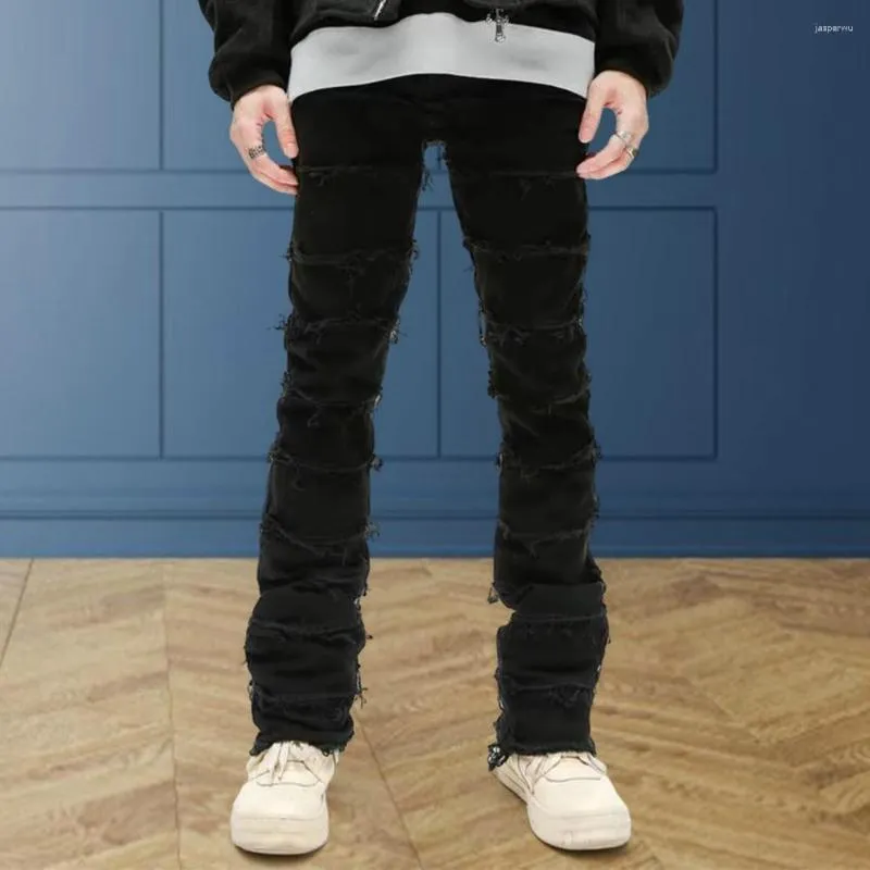 Mäns jeans män svart streetwear rippade denim byxor smala fit rak ben höfthoppbyxor fast färg burr kant mid-rise-knapp