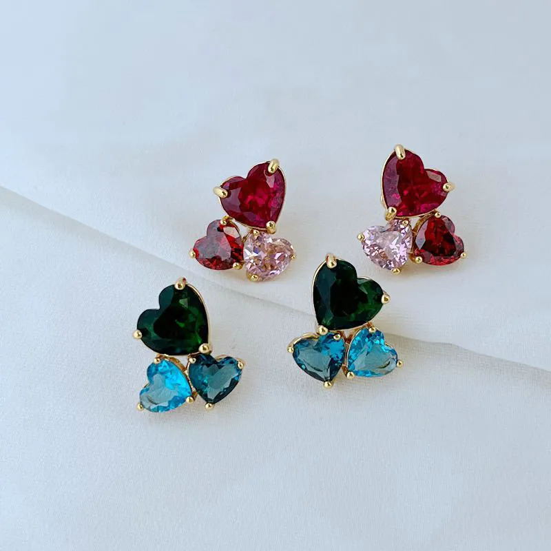 Stud Real 18K Gold plaqué zircon rose / vert coeur boucles d'oreilles de bonbons bijoux Lettre de mariage Gift Factory en gros avec sac à poussière gratuit