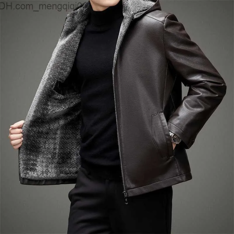 Men's Jackets Men's Winter Wool Warm Leather Jacket 2023 New Men's Hat Detachable Business Casual Thick PU Leather and Suede Brand Coat Z230817