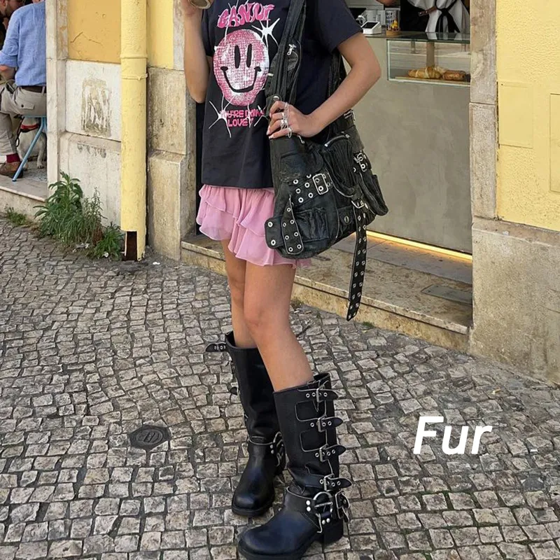 Luxury Brand Knee High Moto Boots With Multi Buckle Detail For