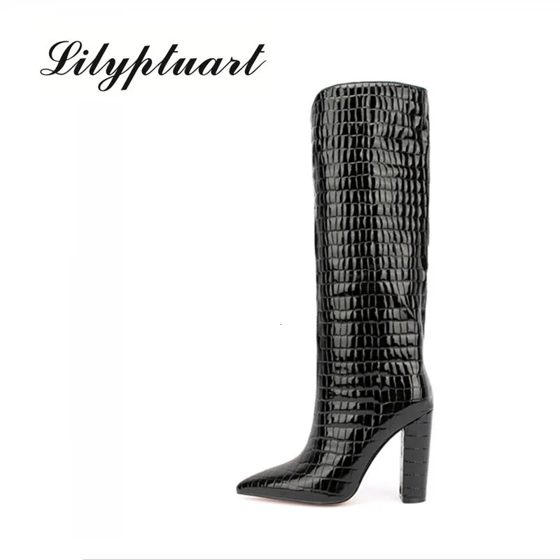 Dress Shoes Stone Patroon Overtheknee High Boot's Sexy Fashion Boots 11 cm dikke hakveer en herfst 230816