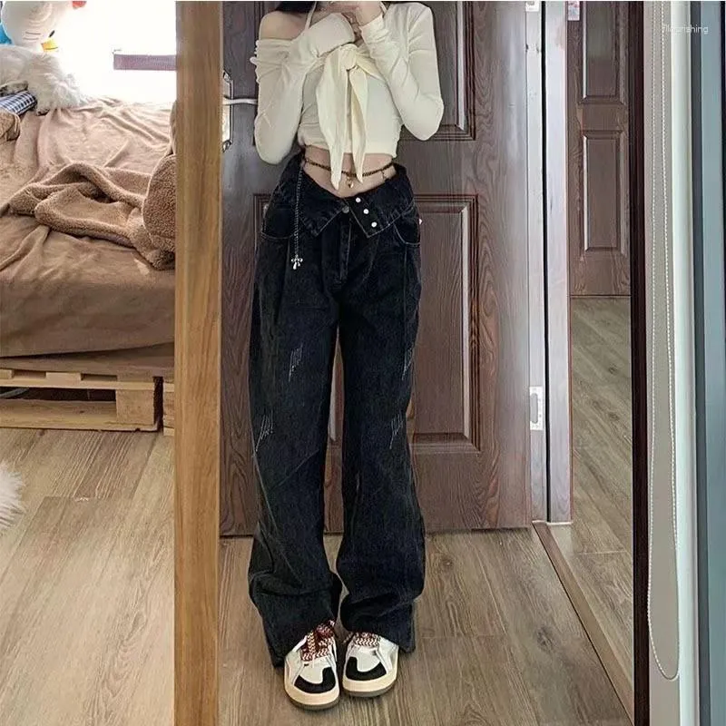 Damskie dżinsy koreańskie moda w stylu vintage high talia worka strzępiona strzępiona z szerokiej nogi spodni solidne dżinsowe spodnie dziewczynki ubranie