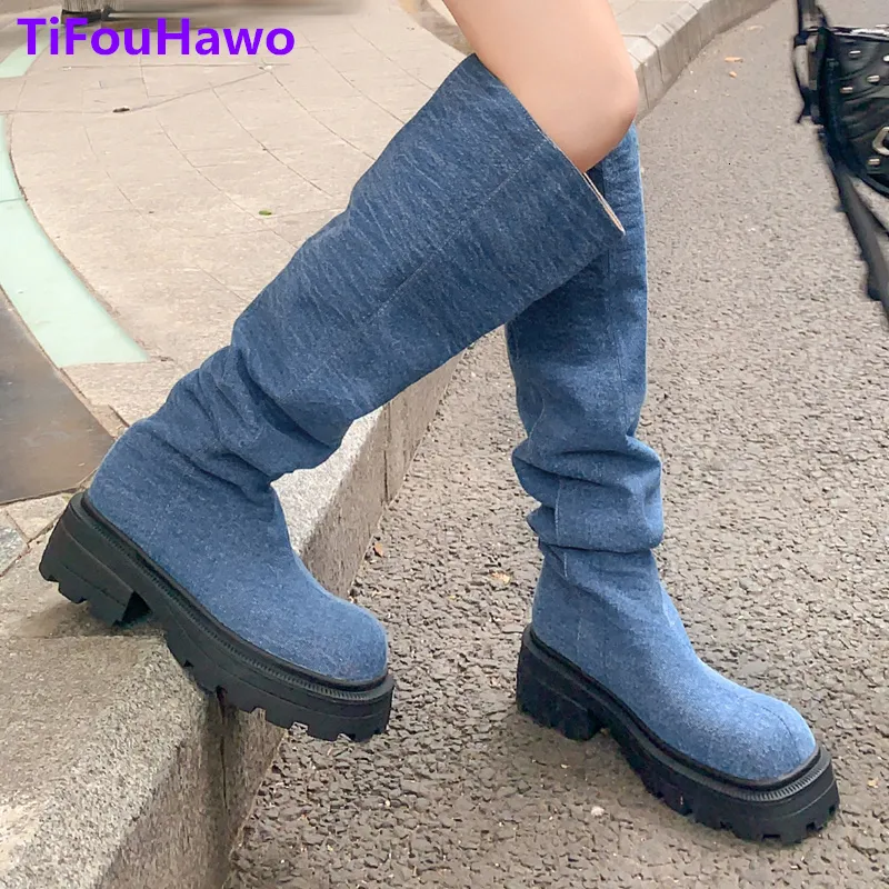 Zapatos de vestir plataforma de mezclilla azul botas de rodilla altas para mujeres estilo punk de primavera de otoño tacón largo 230816