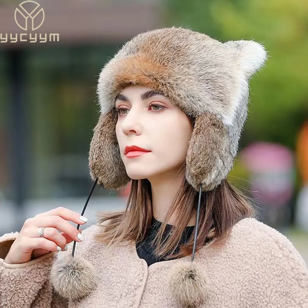 Sombreros de trampero Lady Winter Winter Warm Rabbit Fur Gorro de piel Capa de nieve Sombreros de invierno para mujeres Skullies de punto de cabro