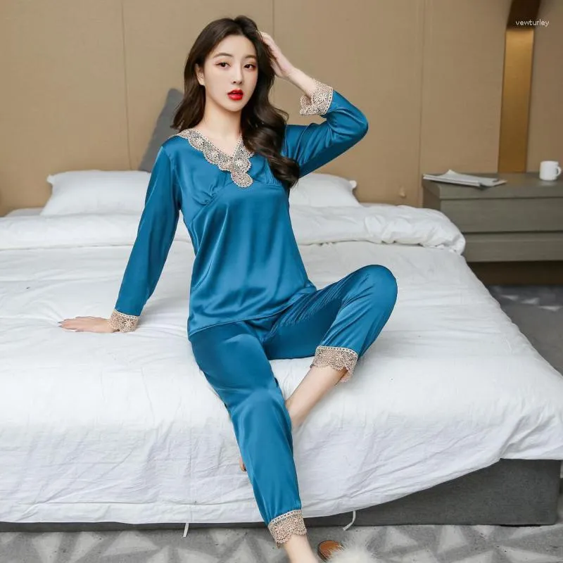 Abbigliamento per il sonno femminile da donna per pigiama a v-scollo set Saitn 2 pezzi in pizzo patchwork Sonno a maniche lunghe a maniche lunghe Abito per il pigiama femminile Homewear