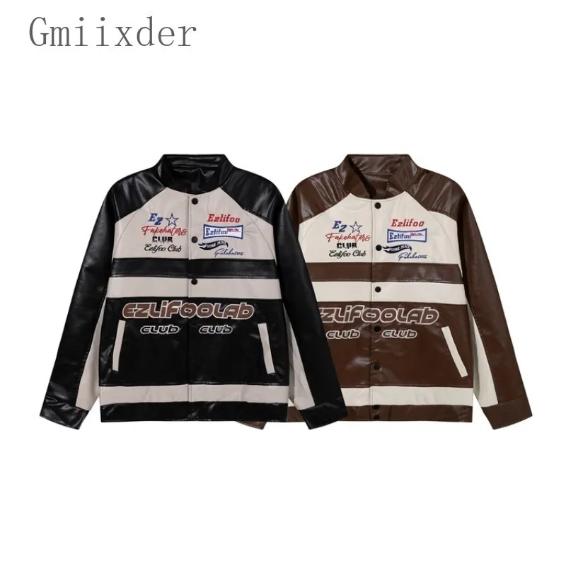 Men's Jackets American Street Racing Jacket Letter Embroidery Spliced PU Leather Motorcycle Bomber Loose Bf Versatile Button Coat 230816