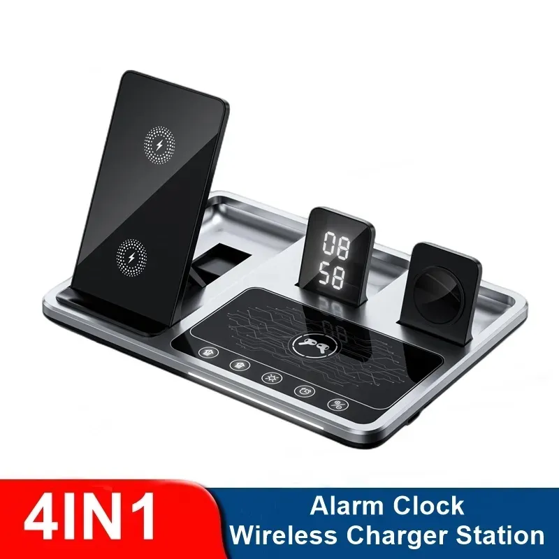 4 I 1 Alarm Clock Trådlös laddare Stand för iPhone 14 13 12 11 Pro Max Touch Control Charging Station för AirPods Apple Watch Samsung Xiaomi Mi Huawei Smartphones