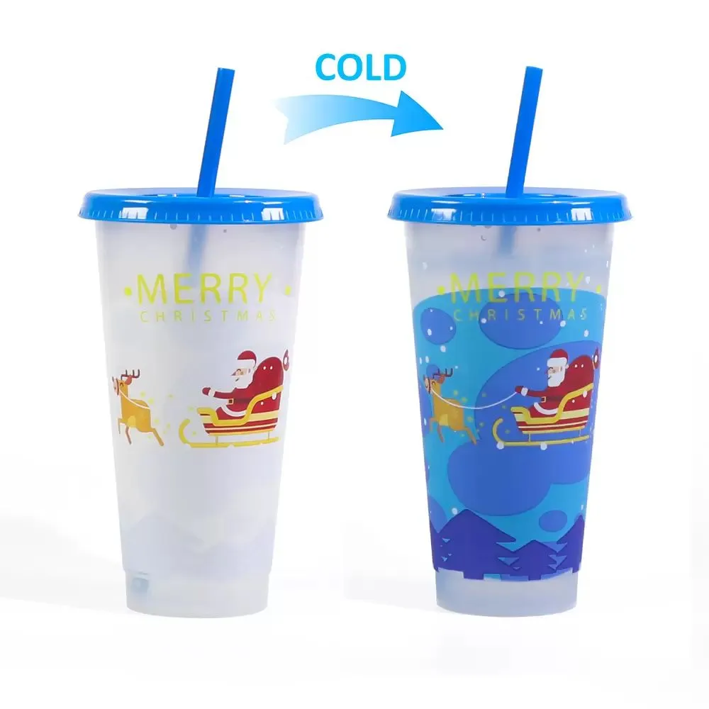 24OZ/710ml Christmas Halloween Mug Color-Changing Water Cup Cold-Changing Drink Straw Cup Fruit Tea PP Temperature-Sensitive Plastic Cups Gift