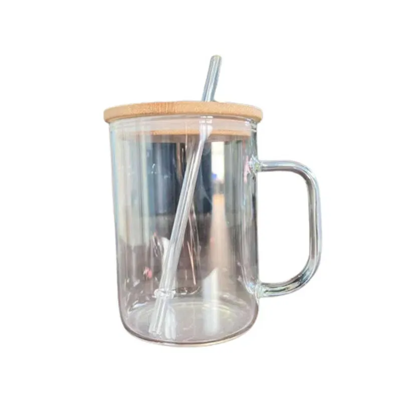 16oz Sublimation Glass Mugs Heat Transfer Blank Travel Outdoor Tumblers with Handle Bamboo Lid and Straw