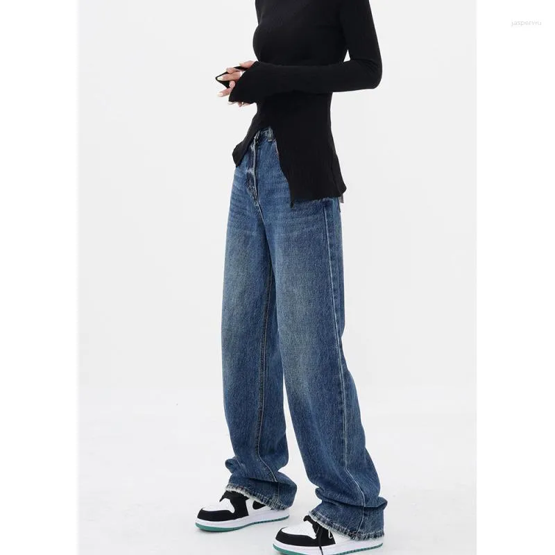 Women's Jeans 2023 Blue High Waist Women Color Contrast Vintage American Fashion Streetwear Wide Leg Jean Female Trouser Baggy Denim Pan