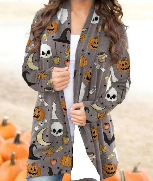 2023 Dessinger Shirts Damen Halloween Cardigan Print Schädel Beast Kürbismuster Digital bedrucktes langärmelige Pullover vielseitige Halloween -Themenjacke HBP