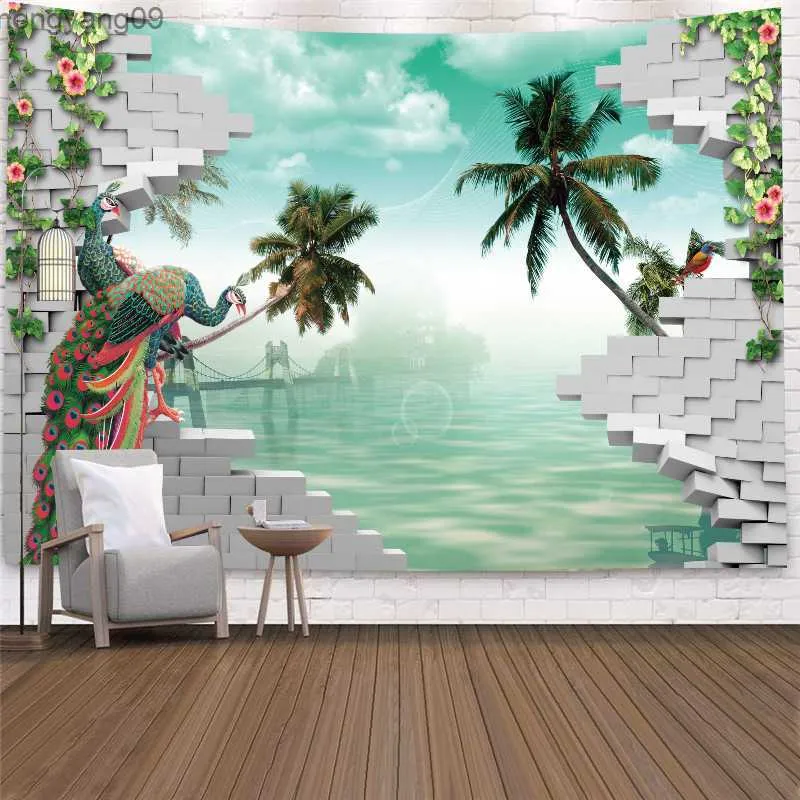 Tapestries Imitation Window Landscape Tapestry Wall Hanging Peacock Coconut Oean Tapestries Art Wall Carpet Cloth Room Home Decoration R230817