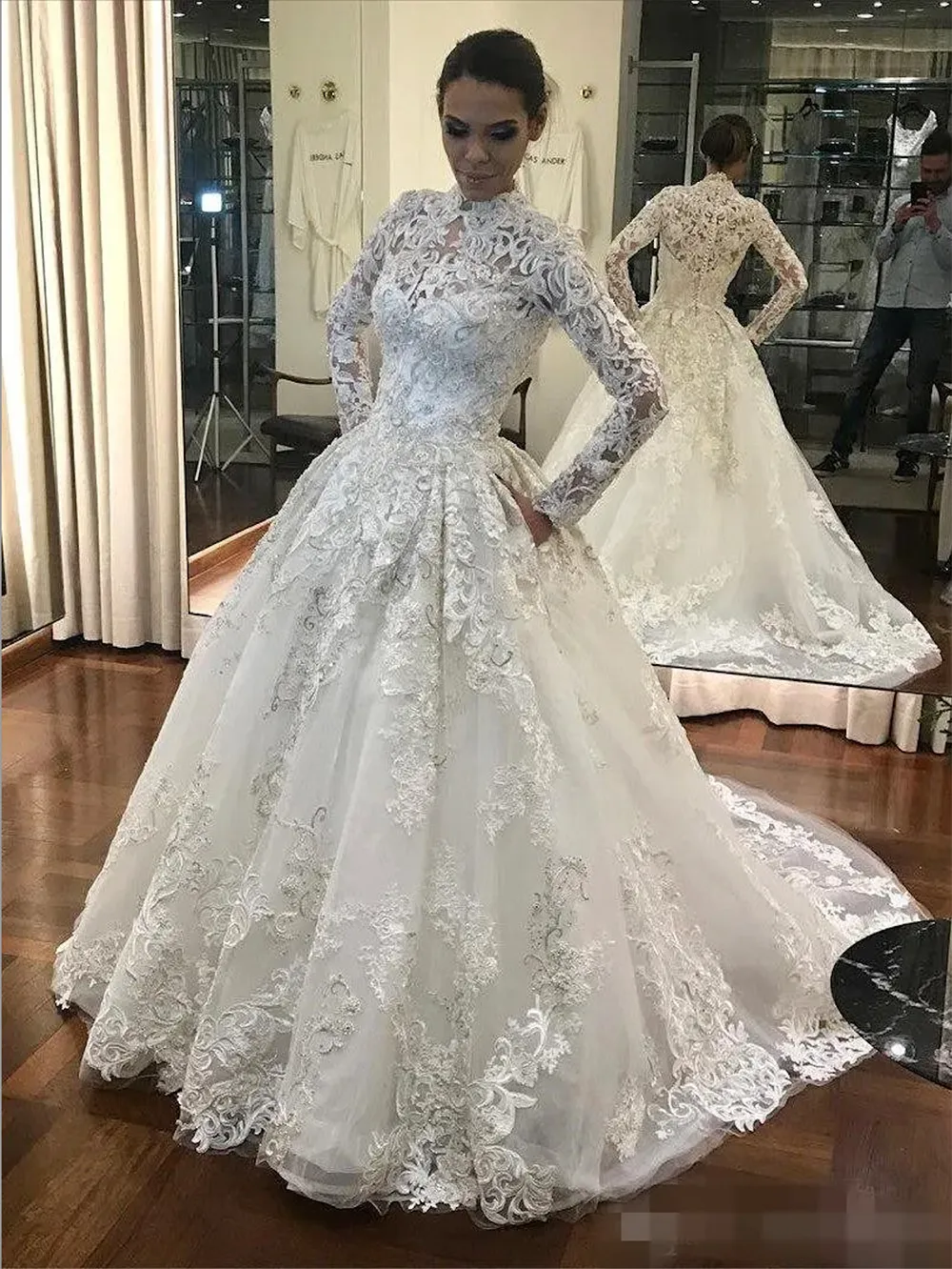 Modest Lace Vintage Wedding Dress Long Sleeve White Lace Wedding Dress High Neck A-Line Sweep Modest Lace Vintage Wedding Dress Long Sleeve White Lace Wedding Dress High Neck A-Line Sweep