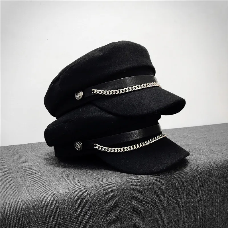 Bérets Utumn hiver chaîne noir bérets militaires pour femmes femme plat armée casquette Salior chapeau fille voyage bérets dames peintres casquette 230816