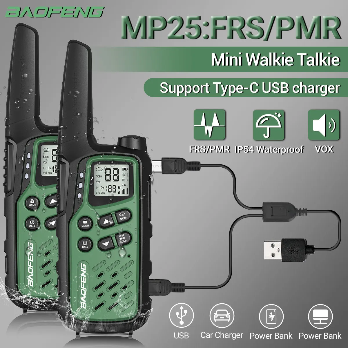 Walkie talkie 2pack baofeng mp25 pmr4 frs lång räckvidd laddningsbar typ c laddning mini med LCD -skärm ficklampan tvåvägs radio 230816