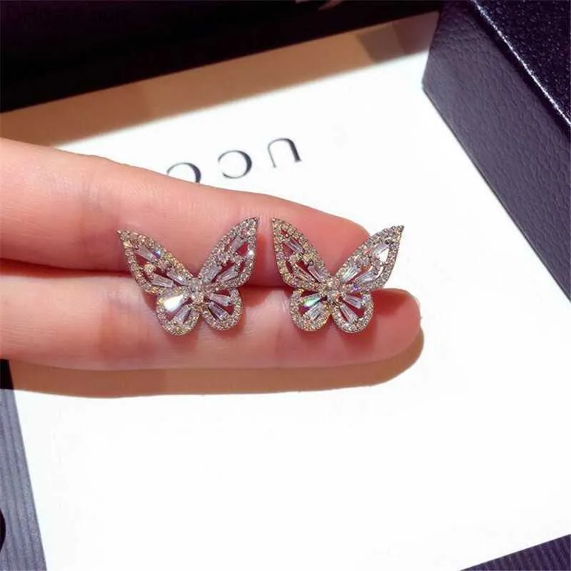 Stud 2021 New Women Fashion Jewelry 925 Sterling Silver Princess Cut Sweet Cute White Topaz CZ Diamond Ins Popular Wedding Butterfly Earring Gift Z230817