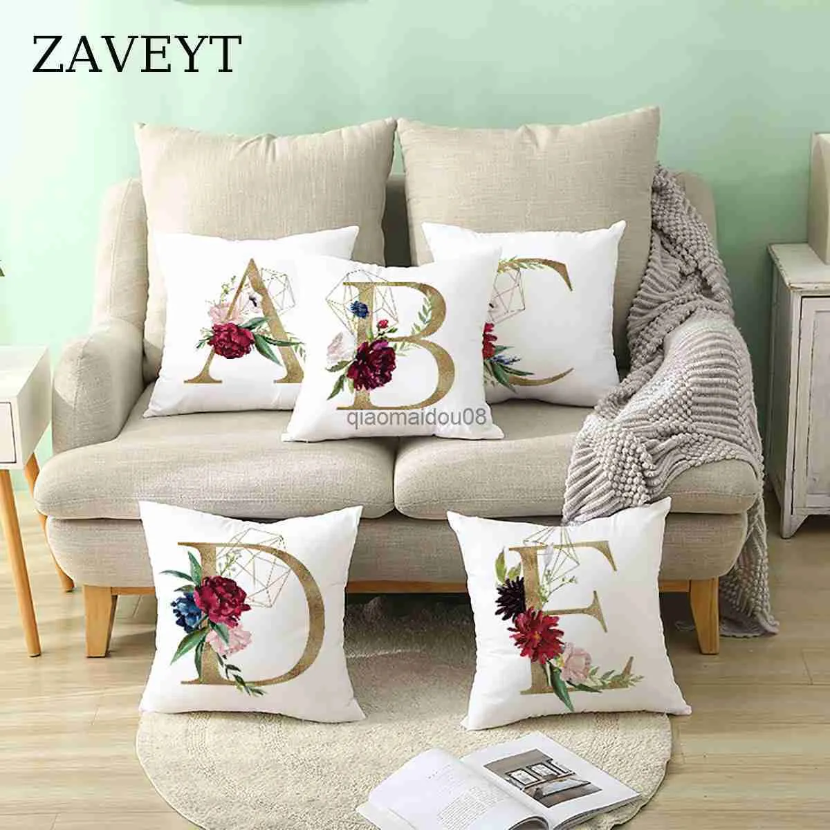 Caixa de travesseiro Novo Trendy Red Flor Gold Color Letter Tampa inicial para sofá Bedroom Caso de almofada Decorativa Polyester 45x45 HKD230817