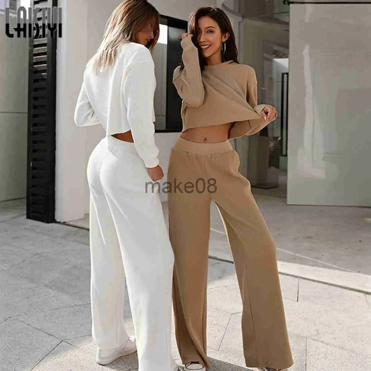 Pantaloni da donna a due pezzi laisiyi tuta autunnale abiti a due pezzi per le donne top crop a maniche lunghe e pantaloni a gamba larga set di abiti da pista chic di fitness j230816