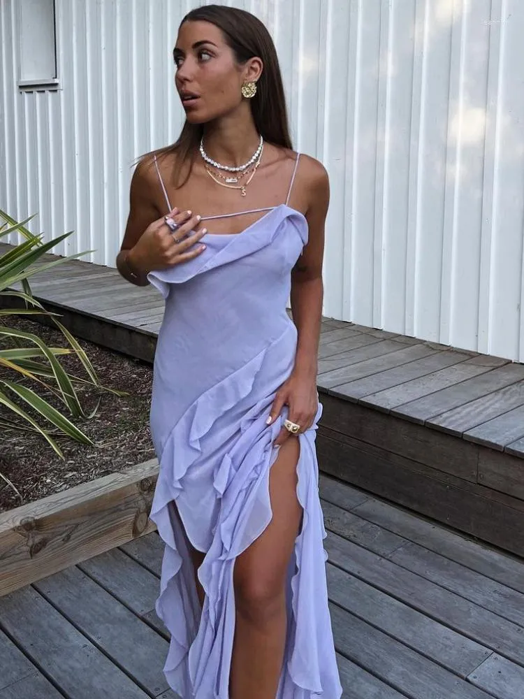 Casual Dresses Elegant Purple Ruffle Sling Dress Woman Fashion Solid Backless Slip Long 2023 Summer Sexy Female Party Evening