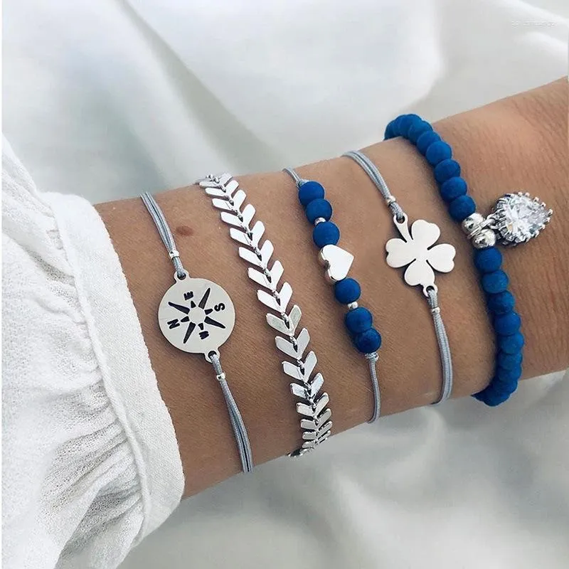 Strand 5pcs Combinação de pulseira azul coreana Conjunto de boa sorte Jóias de trevo de quatro folhas Acessórios ajustáveis ​​Lady Snowflake Acessórios