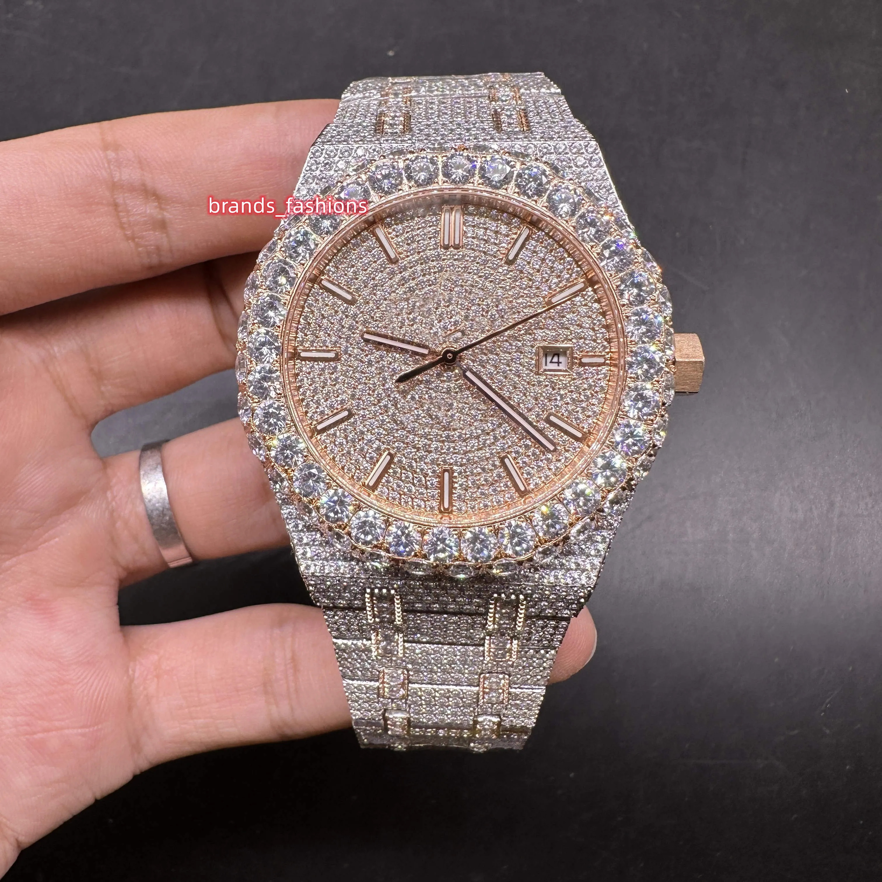 New Men's Iced Diamond Watch Barge Diamond Tezel 2Tone Rose Gold Case Mouvements Automatic Mouvement Bonne montre de bracelet Rose Rose Rose Rose