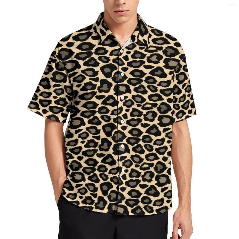 Mäns casual skjortor funky leopard tryck semester skjorta svart och solbränna hawaii streetwear blusar korta ärmar design kläder plus storlek