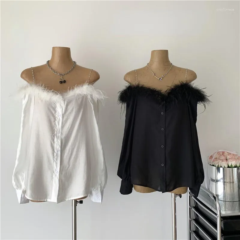 Women's Blouses Spliced Feathers Slash Neck Long Sleeve Shirt Spring Autumn Chic Fashion Female Off Shoulder Single Breasted Cardigan